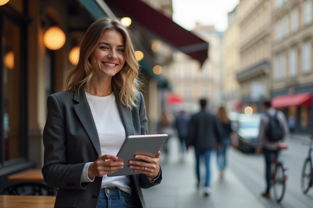 Jeune femme souriante avec tablette dans un caf&eacute; urbain