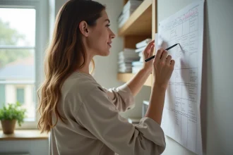 Femme attentive marquant dates sur calendrier dans bureau lumineux