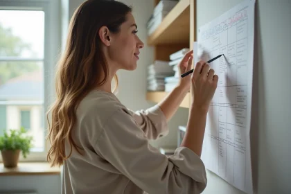 Femme attentive marquant dates sur calendrier dans bureau lumineux