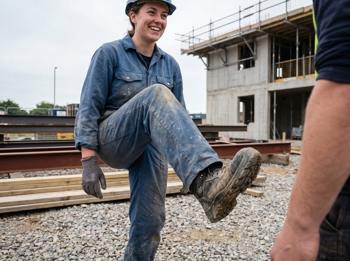 Femme inspectant ses chaussures de sécurité sur un chantier