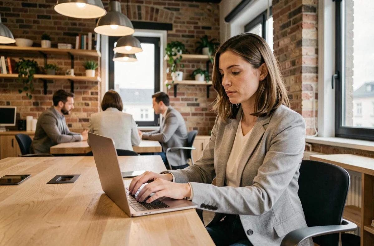 Femme travaillant dans un espace de coworking moderne à Dunkerque avec murs en briques apparentes et bureaux partagés