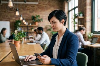 Femme travaillant dans un espace de coworking moderne avec bureau en bois partagé et mur en briques apparentes