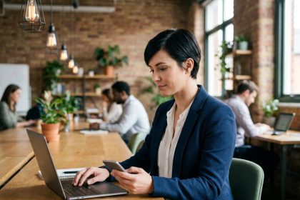 Femme travaillant dans un espace de coworking moderne avec bureau en bois partagé et mur en briques apparentes