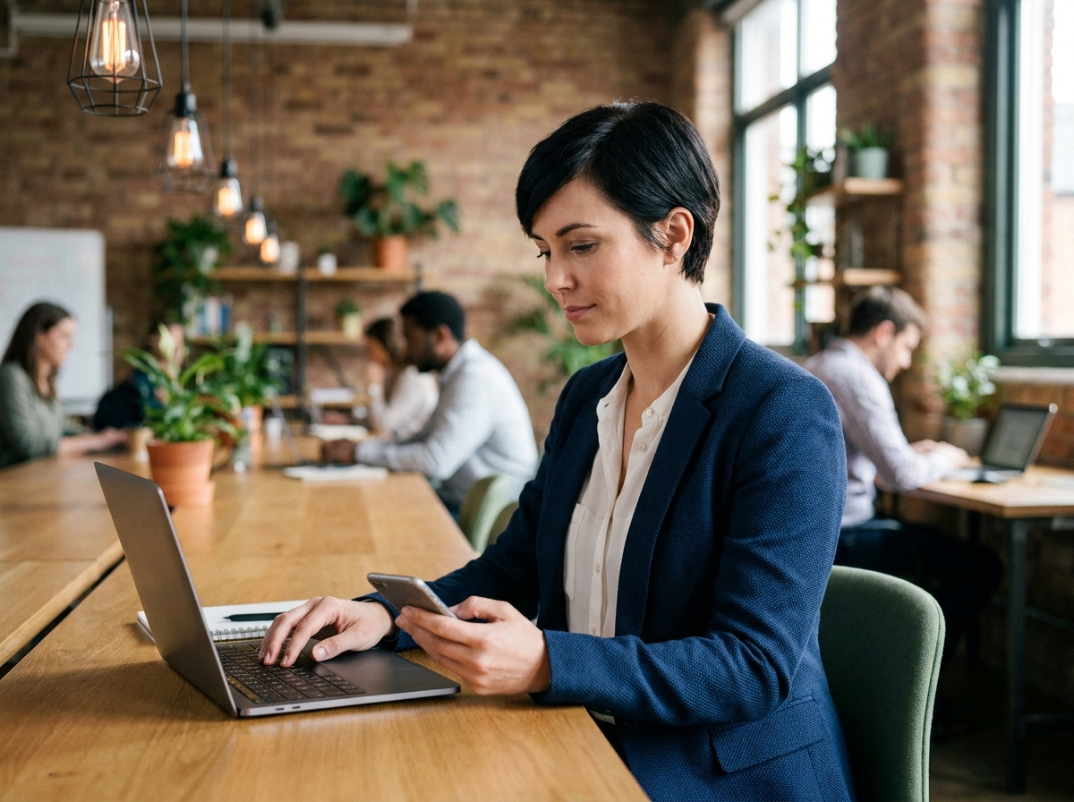 Femme travaillant dans un espace de coworking moderne avec bureau en bois partagé et mur en briques apparentes