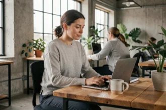 Femme travaillant sur son ordinateur portable dans un espace de coworking moderne à Mulhouse