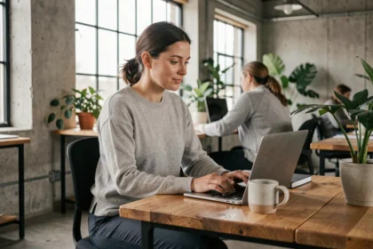 Femme travaillant sur son ordinateur portable dans un espace de coworking moderne à Mulhouse