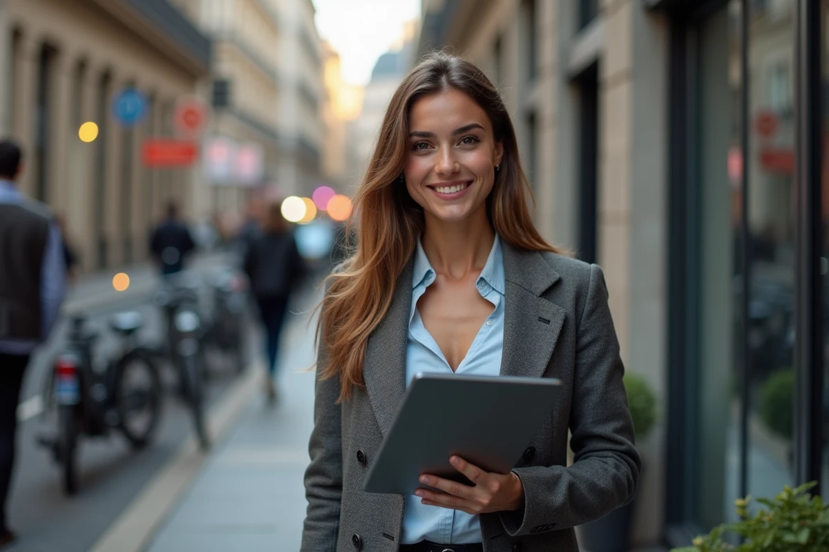 Jeune femme française souriante avec tablette dans un espace de coworking