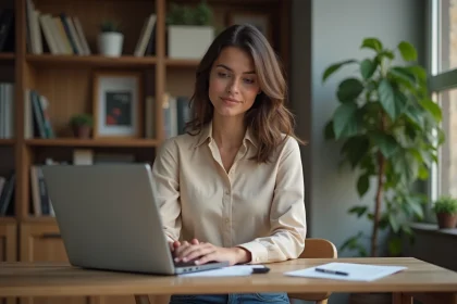 Femme en bureau à domicile regardant son CV numérique