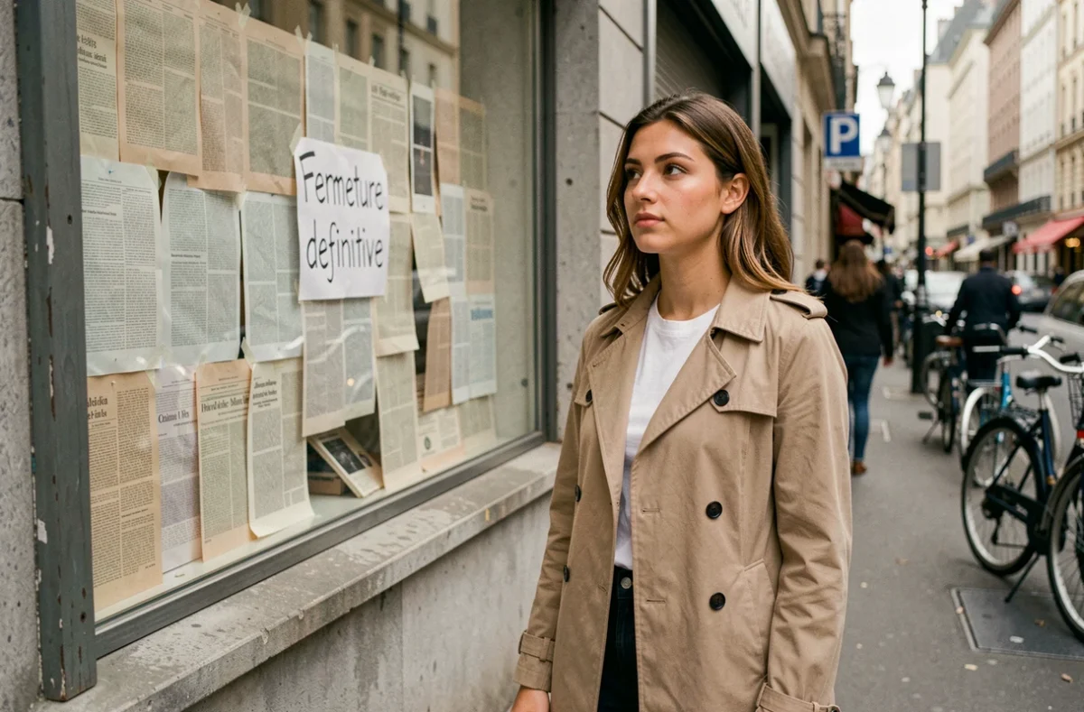 Jeune femme habillée en mode abordable regardant la vitrine fermée et condamnée d'un magasin H&M avec une pancarte de fermeture définitive