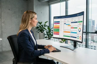 Femme professionnelle utilisant un logiciel de gestion de projet sur grand écran dans un bureau moderne