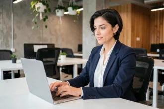Femme indépendante travaillant sur son ordinateur portable dans un espace de coworking moderne aux murs en béton et plantes suspendues