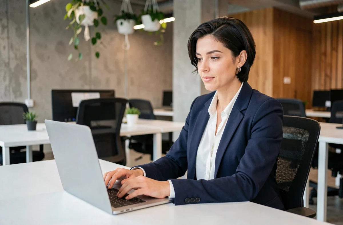 Femme indépendante travaillant sur son ordinateur portable dans un espace de coworking moderne aux murs en béton et plantes suspendues