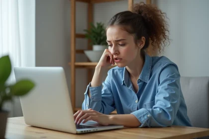Jeune femme frustr&eacute;e devant son ordinateur avec erreur Urssaf
