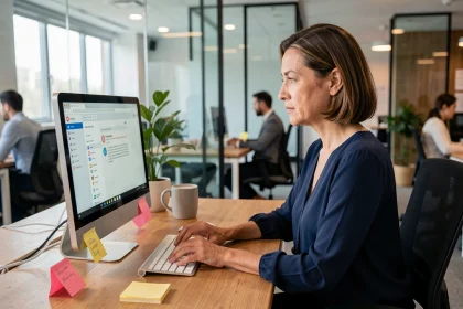 Femme consultant l'intranet MFR sur un ordinateur de bureau dans un bureau moderne et lumineux