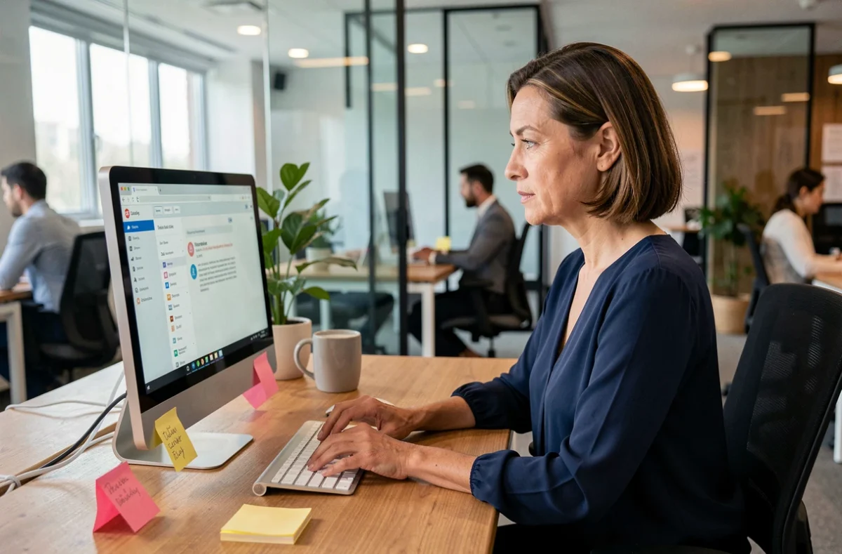 Femme consultant l'intranet MFR sur un ordinateur de bureau dans un bureau moderne et lumineux
