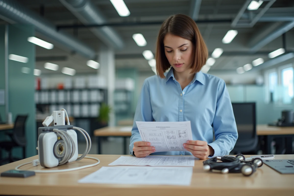 Femme v&eacute;rifiant un inventaire &eacute;lectrique sur une table
