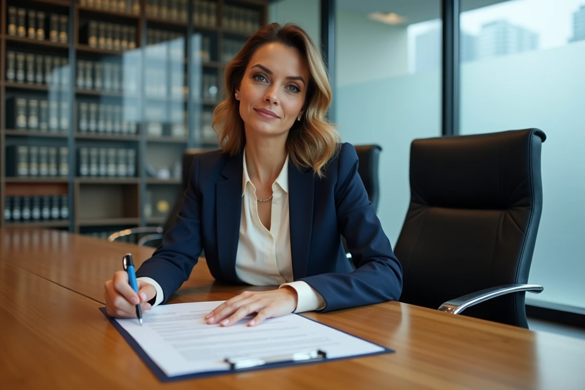 Femme juriste analysant un contrat d'égérie dans une salle de réunion professionnelle