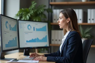 Jeune femme en blazer analysant des graphiques en bureau