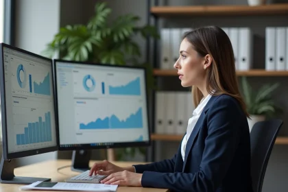 Jeune femme en blazer analysant des graphiques en bureau
