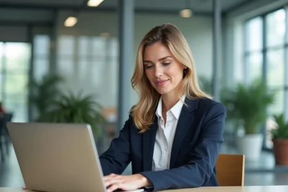 Femme professionnelle consultant une page entreprise sur son ordinateur portable dans un bureau moderne et crédible
