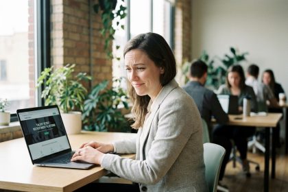 Femme professionnelle consultant un site de recrutement dédié aux talents sur un ordinateur portable dans un espace de coworking moderne