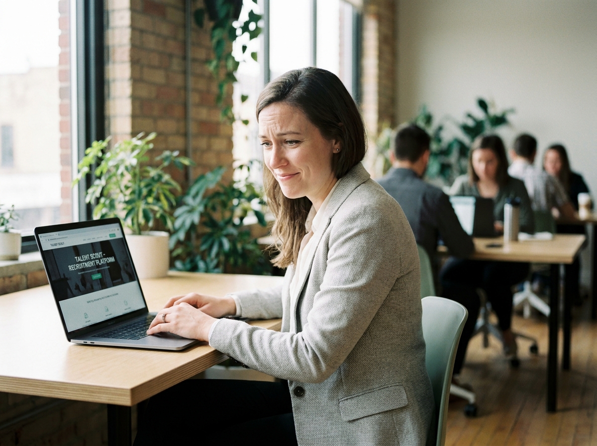 Femme professionnelle consultant un site de recrutement dédié aux talents sur un ordinateur portable dans un espace de coworking moderne
