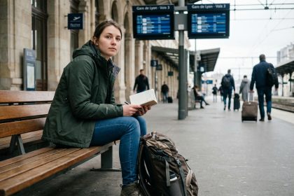 Jeune femme en plein voyage dans une gare européenne