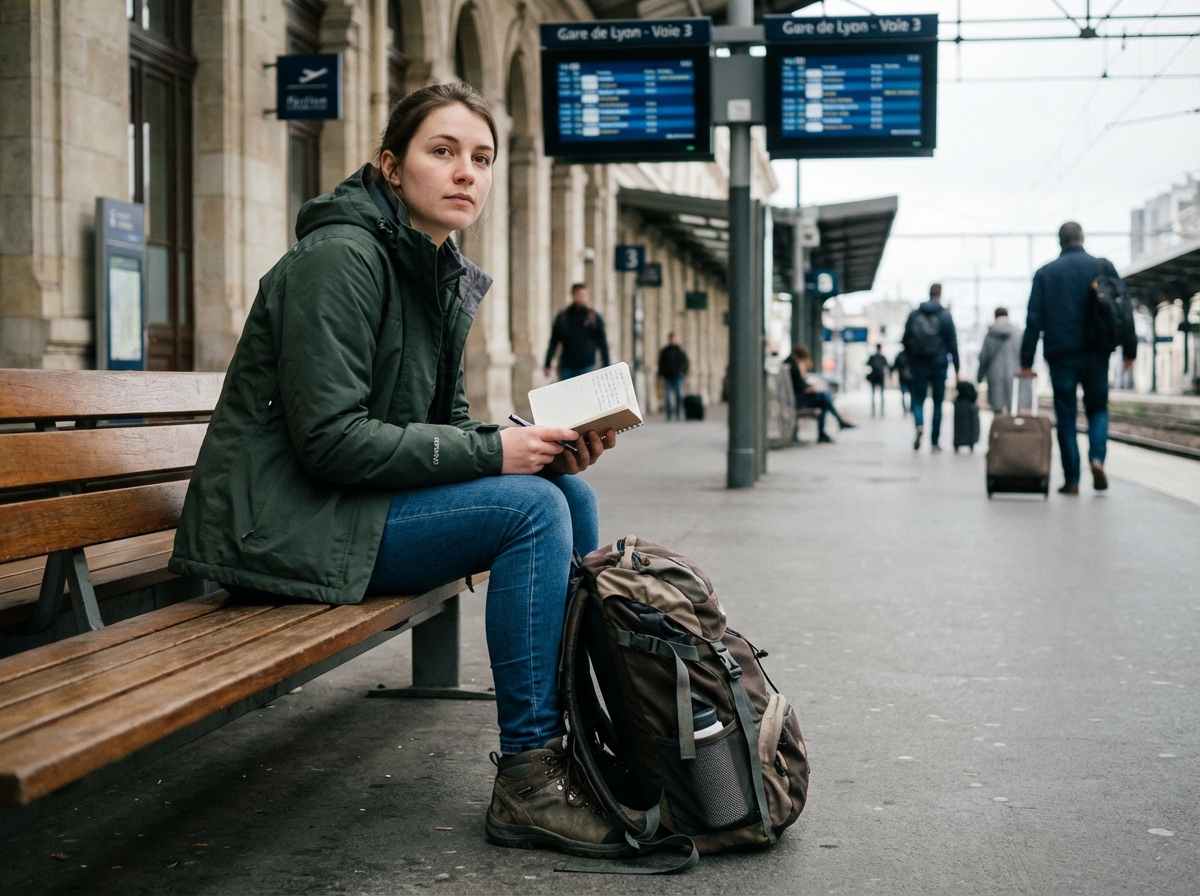 Jeune femme en plein voyage dans une gare européenne