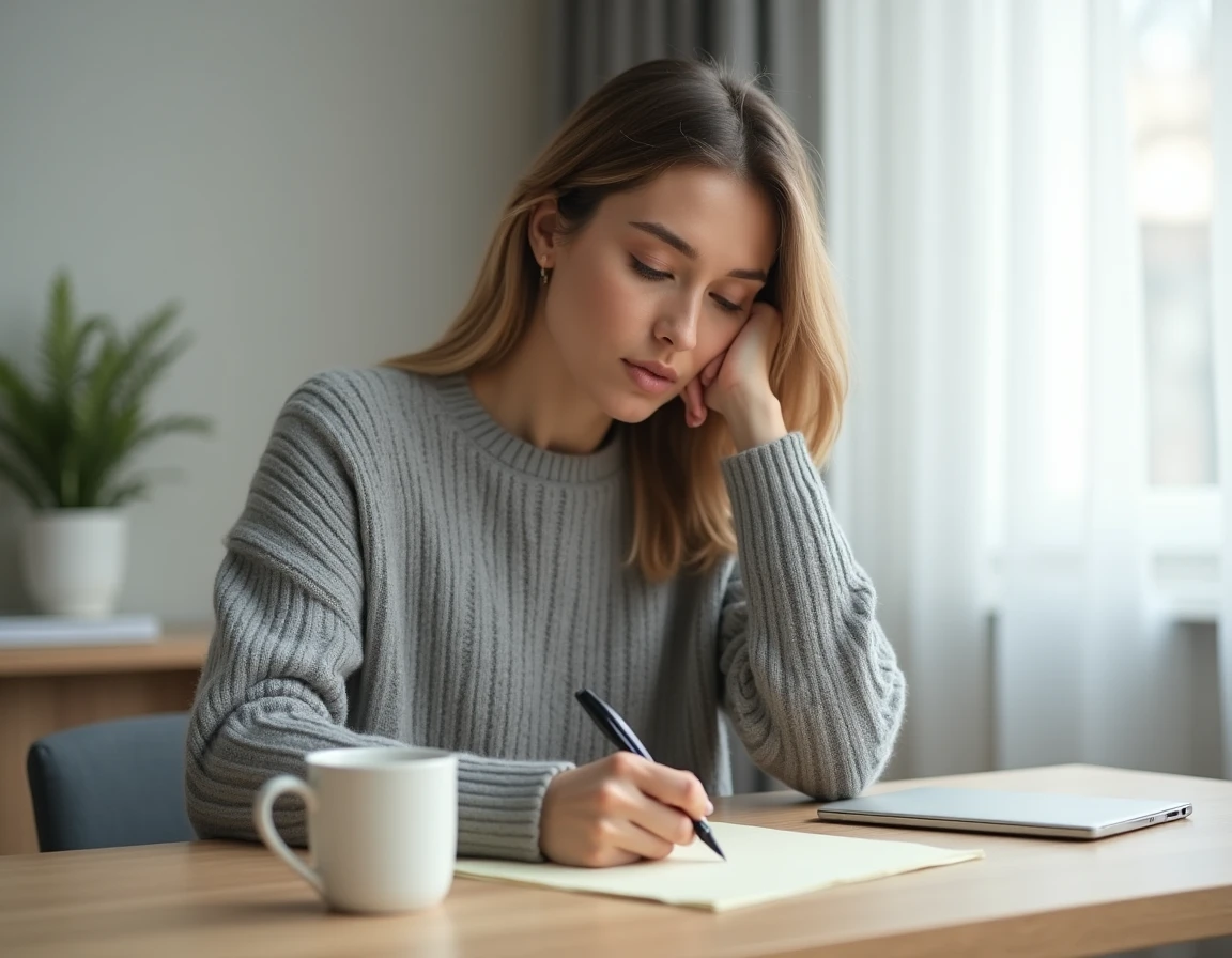 Femme rédigeant un message de condoléances manuscrit à son bureau avec soin et empathie