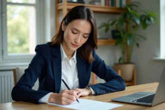 Femme professionnelle rédigeant une lettre de démission à son bureau à domicile
