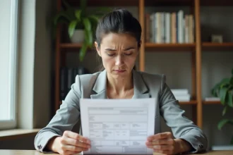 Femme examinant un relevé bancaire avec un prélèvement inconnu imprimerie sur son compte