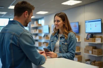 Femme remettant son smartphone au personnel à Lille