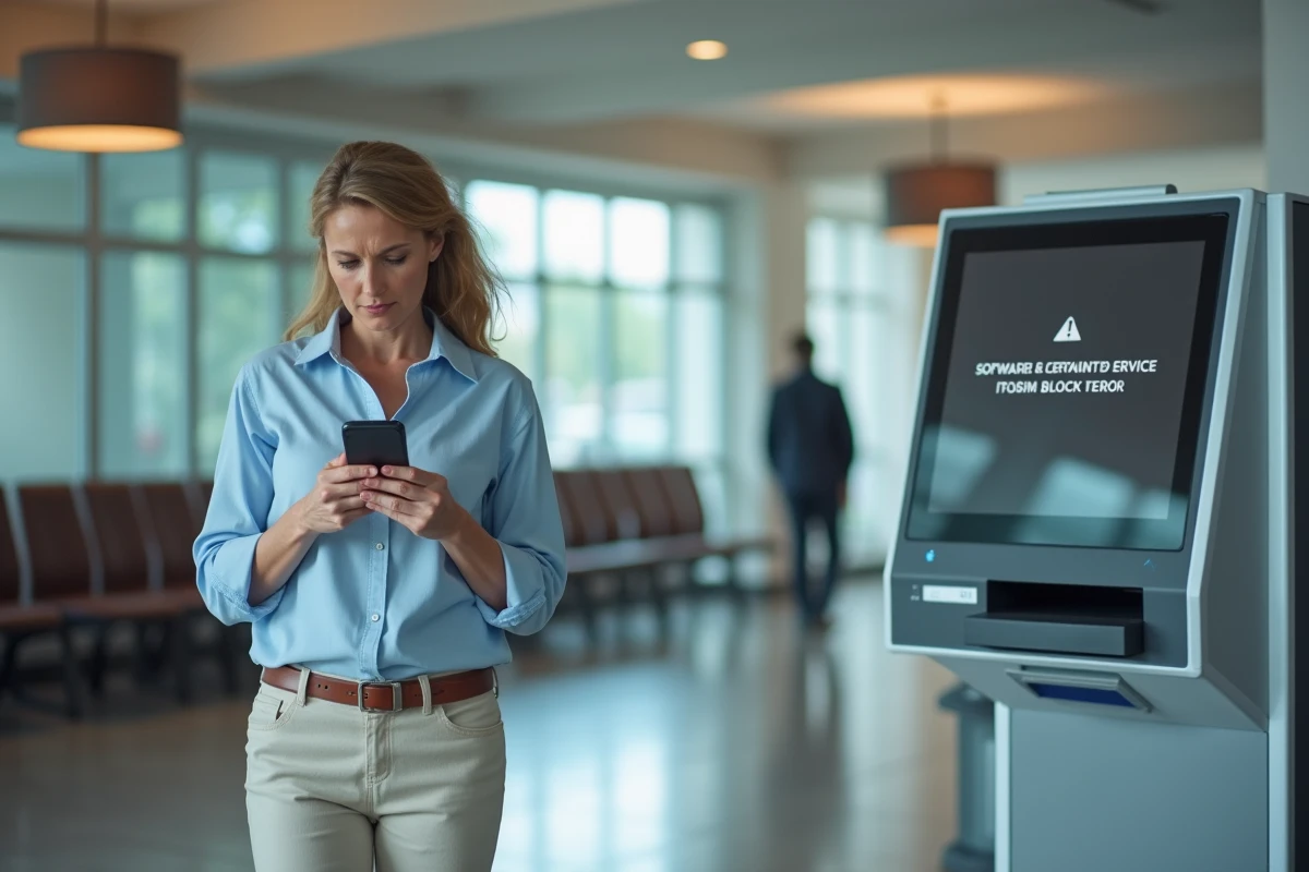 Femme pr&eacute;occup&eacute;e dans un hall d