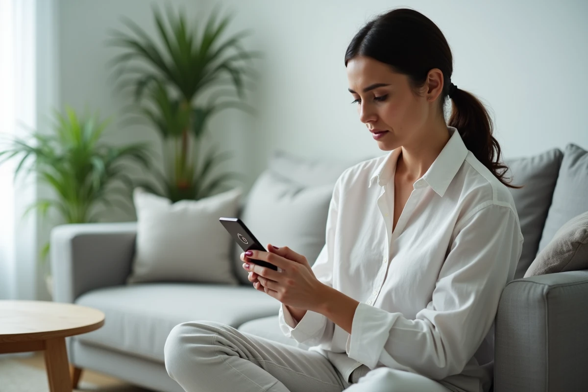 Femme consultant son smartphone affichant une erreur de connexion dans un salon moderne
