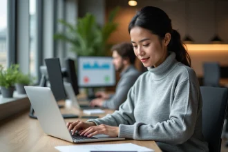 Femme professionnelle consultant un logiciel de suivi du temps de travail sur un ordinateur portable dans un bureau moderne en 2026