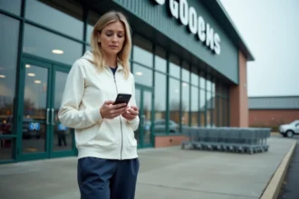 Femme consultant son téléphone devant un magasin de sport pour suivre les annonces de fermeture Decathlon 2026