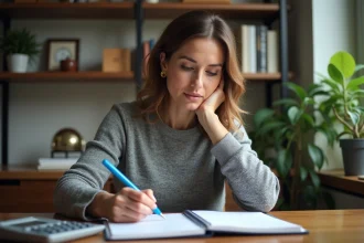 Femme concentrée notant ses heures de travail dans un bureau à domicile