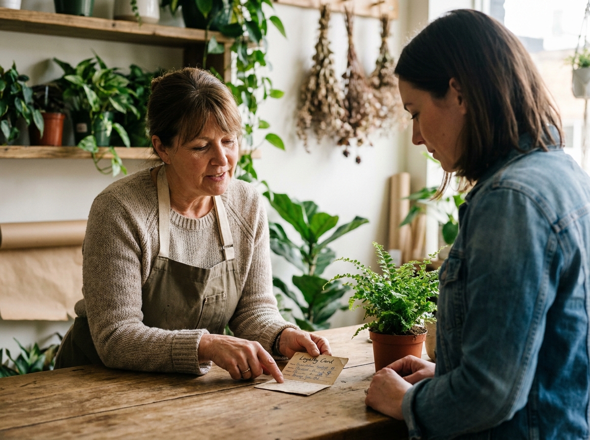 Propriétaire d'une boutique de plantes fidélisant une cliente avec une carte de fidélité artisanale