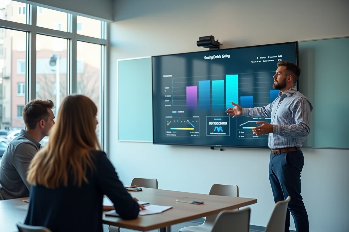 Instructeur expliquant le tableau num&eacute;rique &agrave; des coll&egrave;gues