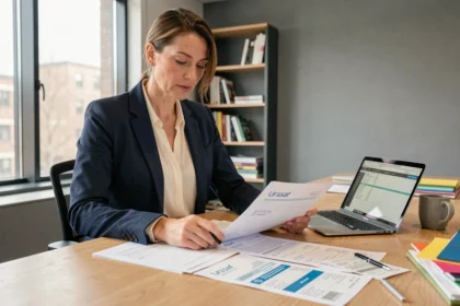 Consultante en portage salarial analysant des documents de frais professionnels et des reçus Urssaf sur un bureau de co-working