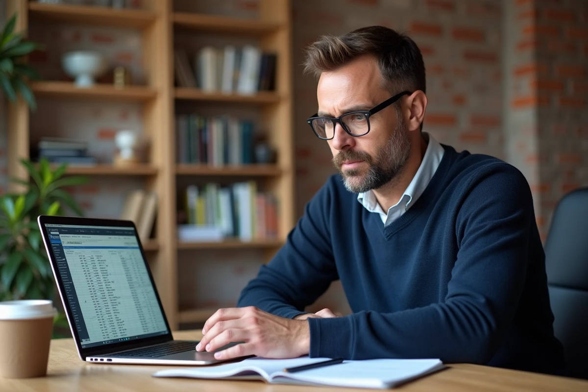 Freelance masculin calculant son taux horaire réel sur ordinateur portable avec des notes manuscrites sur le nombre de jours travaillés par an