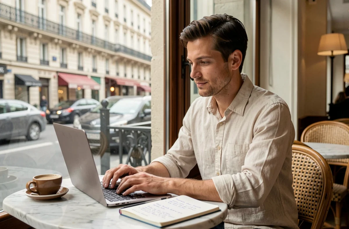 Freelance comparant des sociétés de portage salarial sur son ordinateur dans un café parisien