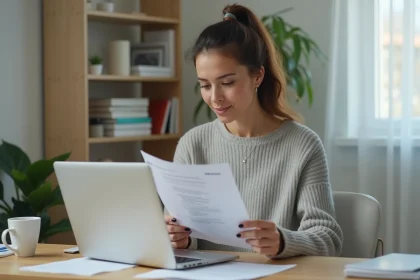Femme consultant son compte en ligne sur un ordinateur portable dans un bureau à domicile, illustrant la gestion d'un compte MyPeopleDoc en fin de contrat