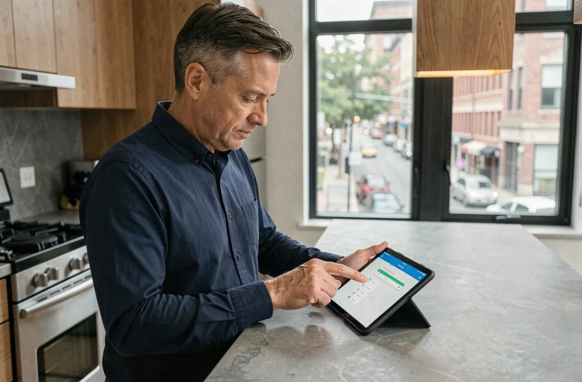 Homme utilisant un gestionnaire de mots de passe sur tablette pour sécuriser ses accès à MyPrimobox dans une cuisine moderne