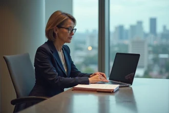 Directrice d'une organisation d'intérêt public examinant des documents de gouvernance dans une salle de conférence professionnelle