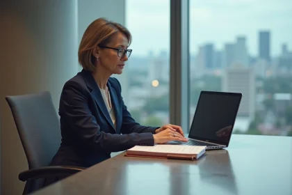 Directrice d'une organisation d'intérêt public examinant des documents de gouvernance dans une salle de conférence professionnelle