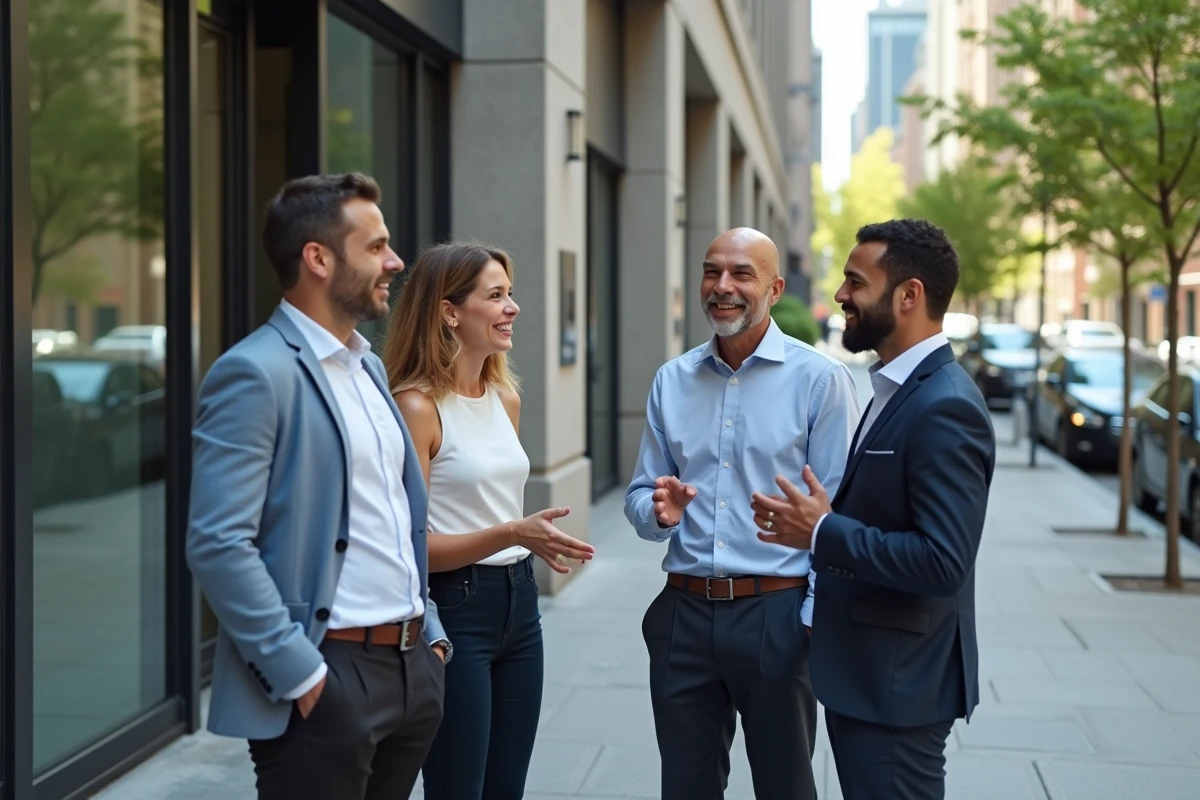 Groupe de professionnels discutant devant un bâtiment moderne