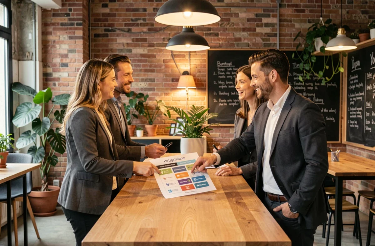 Groupe de professionnels comparant des sociétés de portage salarial dans un espace de coworking à Lyon