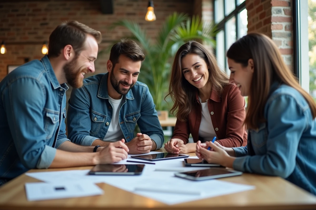 Groupe diversifi&eacute; collaborant autour de prototypes et table