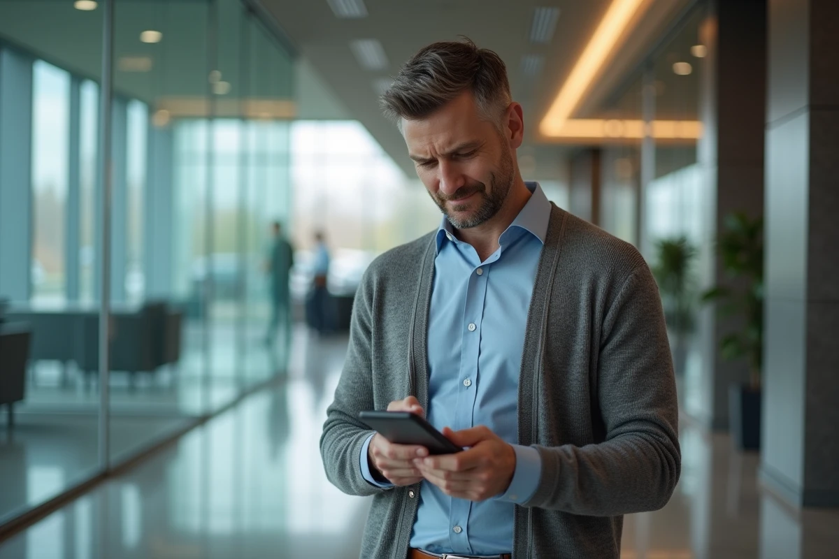 Homme d affaires dans un lobby d entreprise vérifiant son smartphone